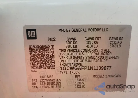 2022 Chevrolet Express G2500 from USA, damaged, VIN 1GCWGAFP1N1139877